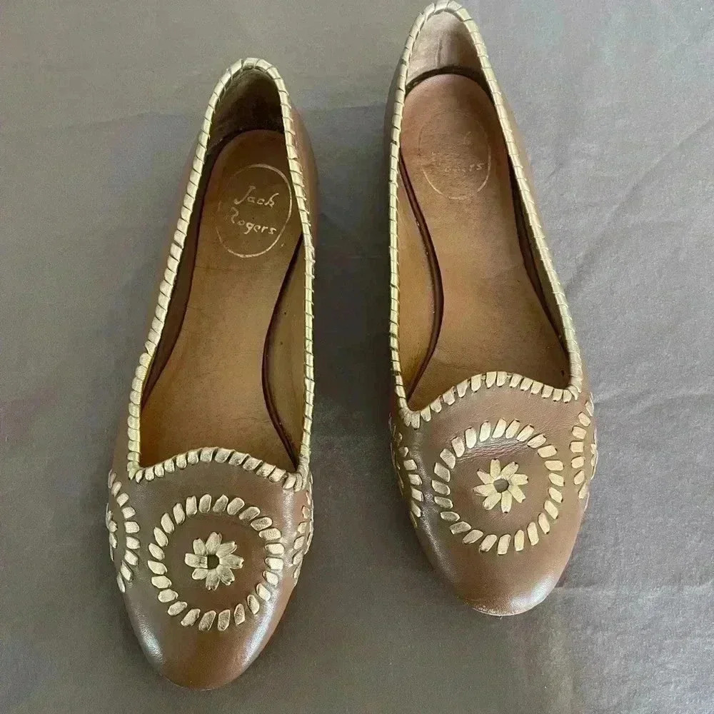 Jack Rogers Brown Leather Embroidered Flats